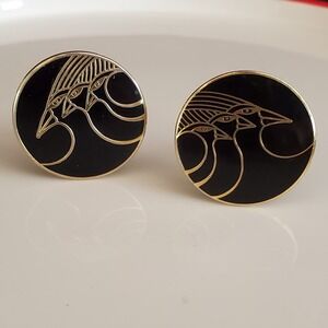 VTG Laurel Burch Celestial Birds Clip On Earrings Black Enamel‎ Gold Tone Signed